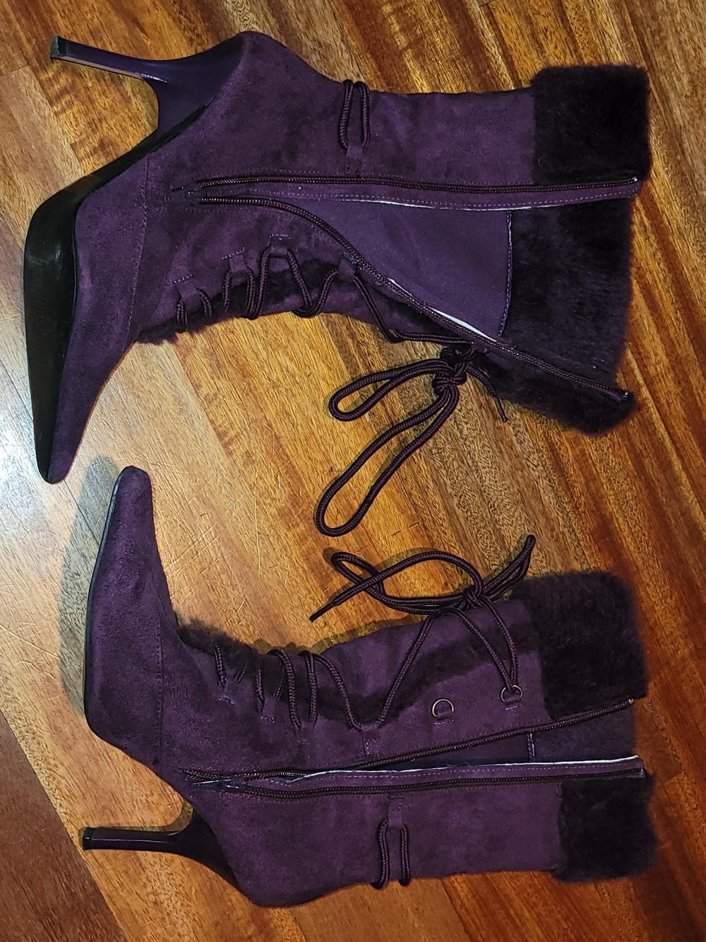 Splash Purple Suede Lace-Up Fur-Trim Stiletto Boots
